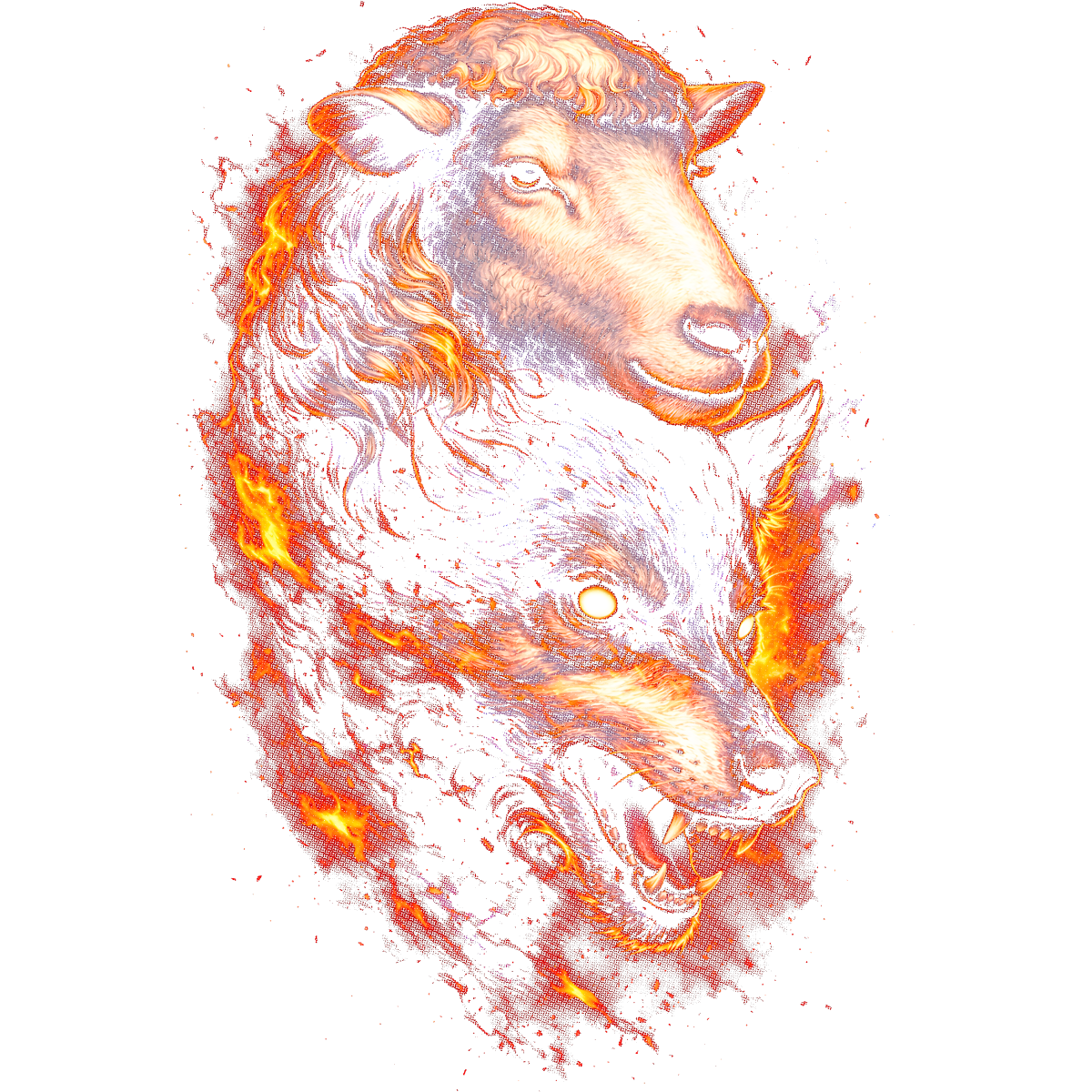 Tête de mouton et loup en feu