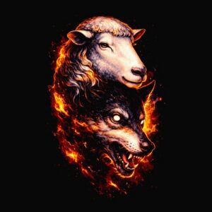 Tête de mouton et loup en feu