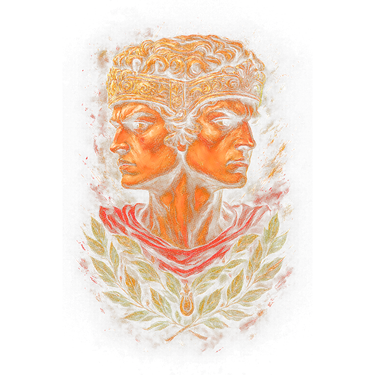 Tête double homme couronne laurier rouge