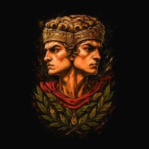 Tête double homme couronne laurier rouge