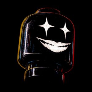 Tête style lego sourire yeux étoilés colorée