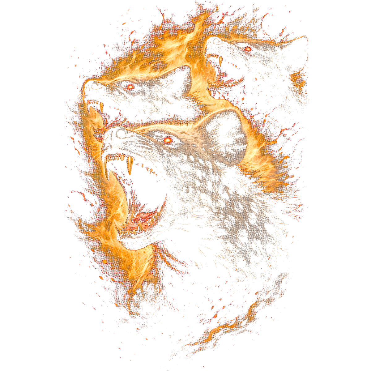 Têtes de loups en feu rugissants