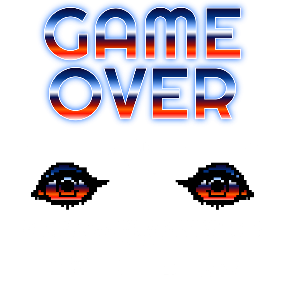 Texte game over avec yeux pixelisés rouges