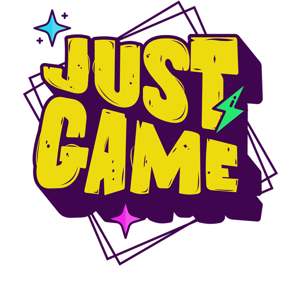 Texte Just Game lettres jaunes éclairs étoiles