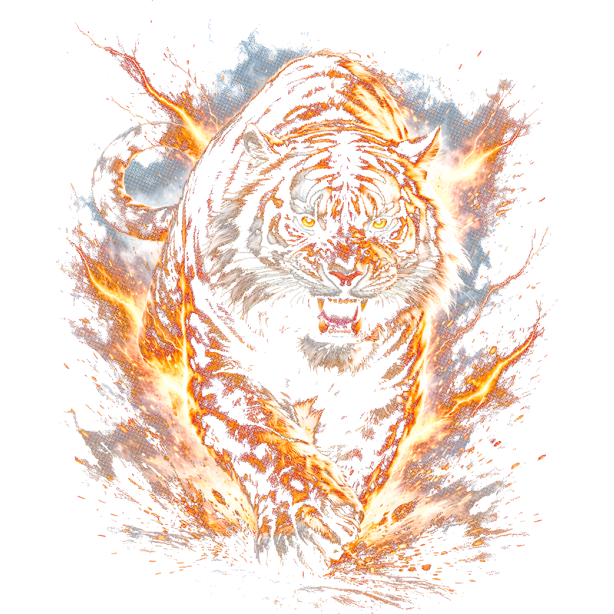 Tigre enflammé rugissant en mouvement