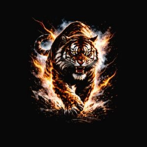 Tigre enflammé rugissant en mouvement