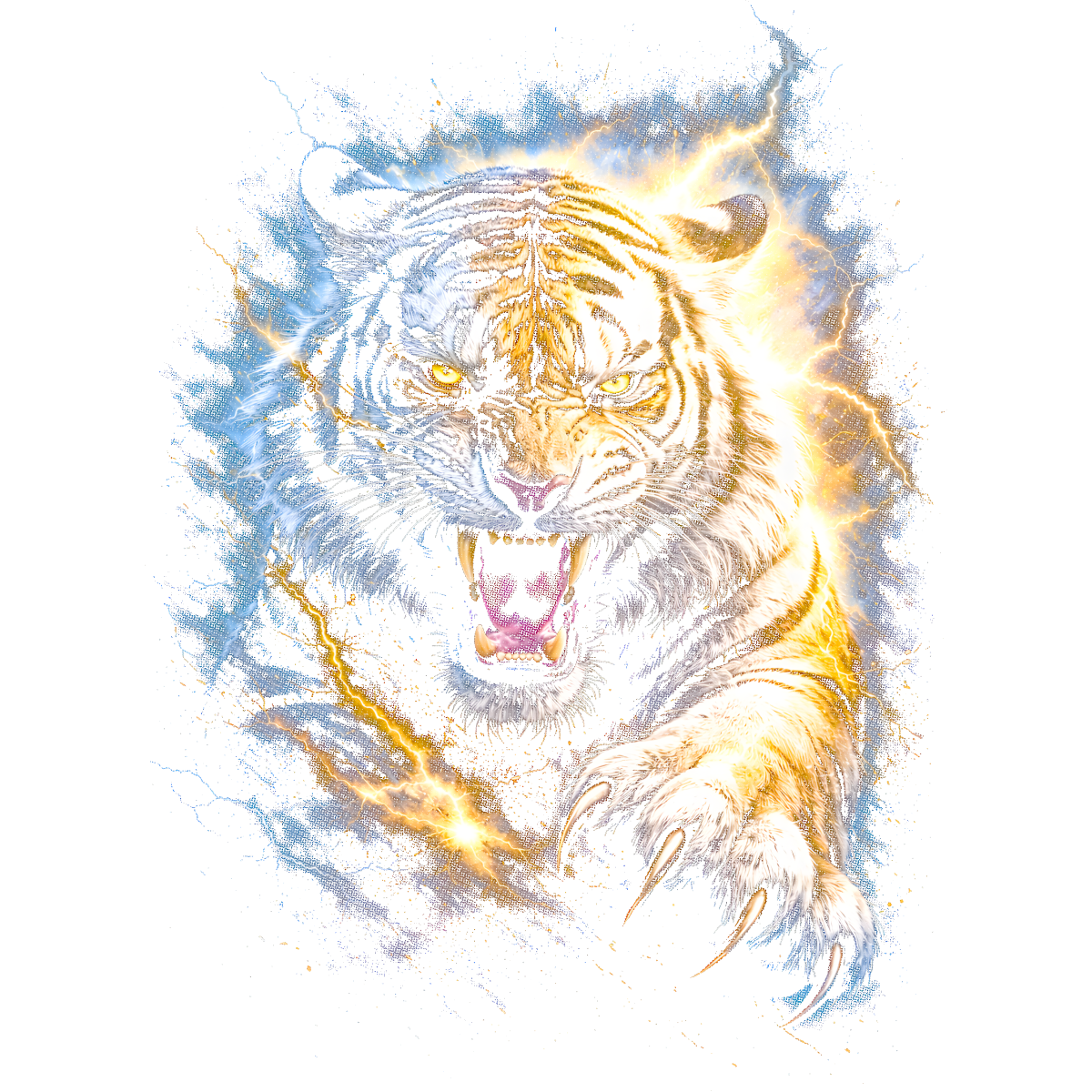 Tigre rugissant éclair foudroyant mains griffes