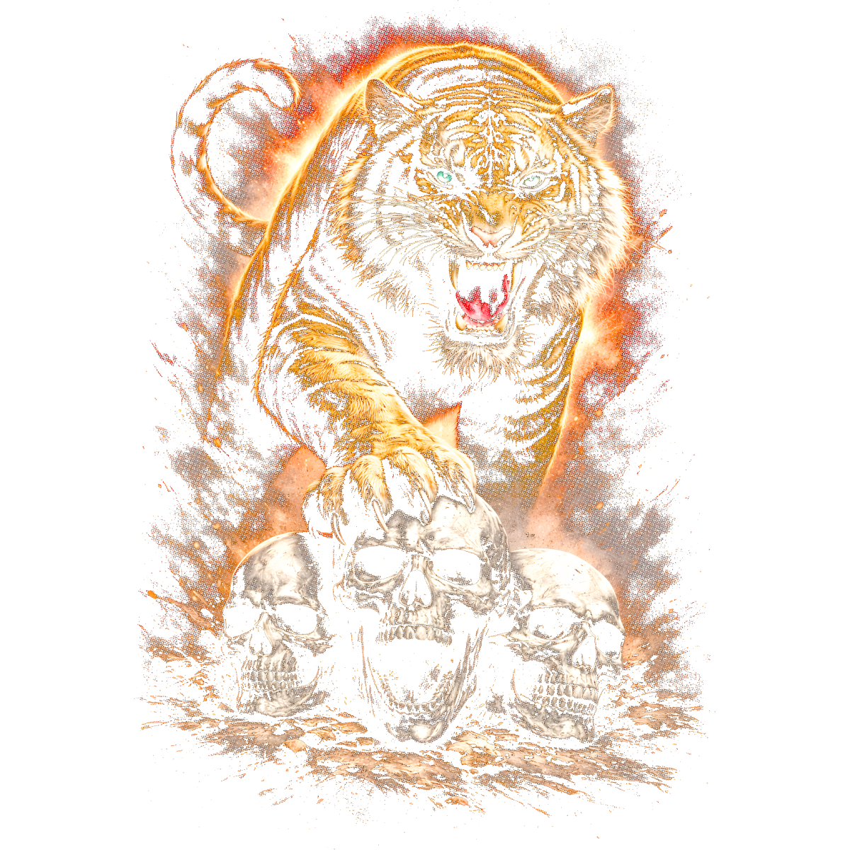 Tigre rugissant griffes crânes humains