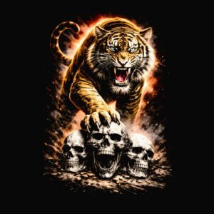 Tigre rugissant griffes crânes humains