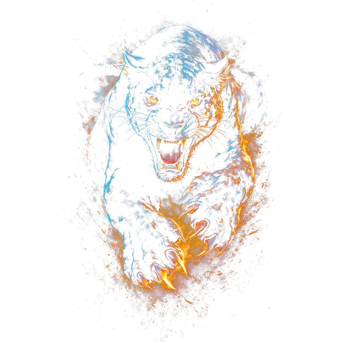 Tigre rugissant griffes tendues coloré
