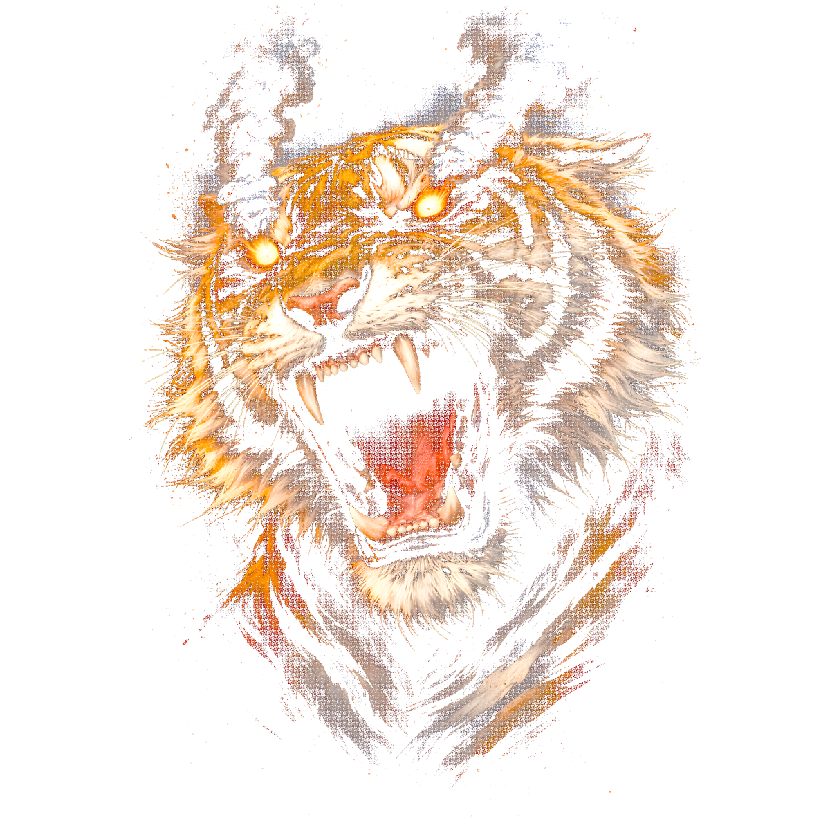 Tigre rugissant yeux enflammés pointes incisives