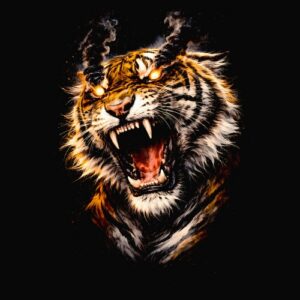 Tigre rugissant yeux enflammés pointes incisives