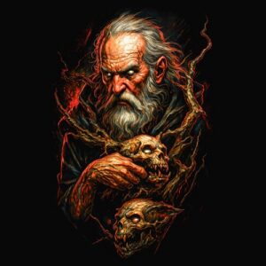 Vieil homme barbu tenant crânes animaux