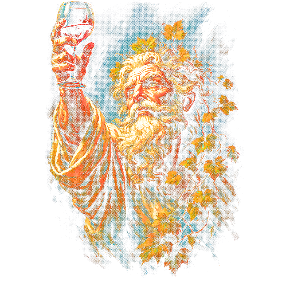 Vieil homme couronné de feuilles levant verre
