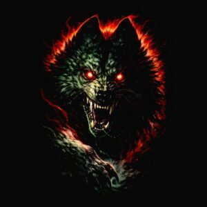 Visage agressif loup feu regard rouge