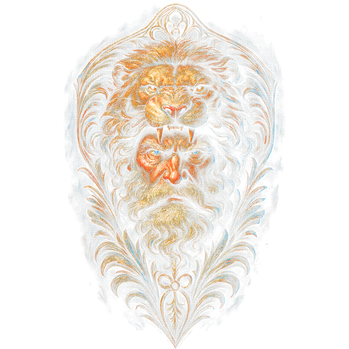 Visage ancien fusionné avec lion majestueux