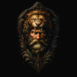 Visage ancien fusionné avec lion majestueux