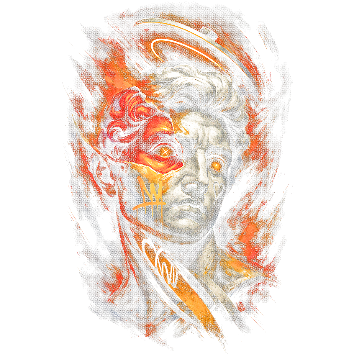 Visage antique fusionné feu moderne néon