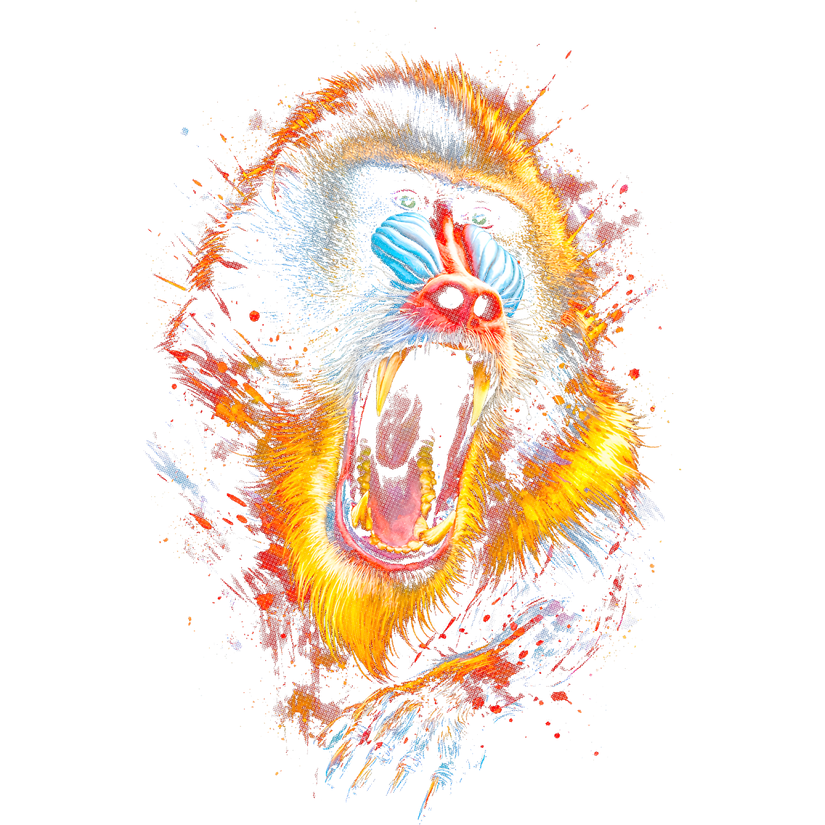 Visage de mandrill criant coloré éclaboussures