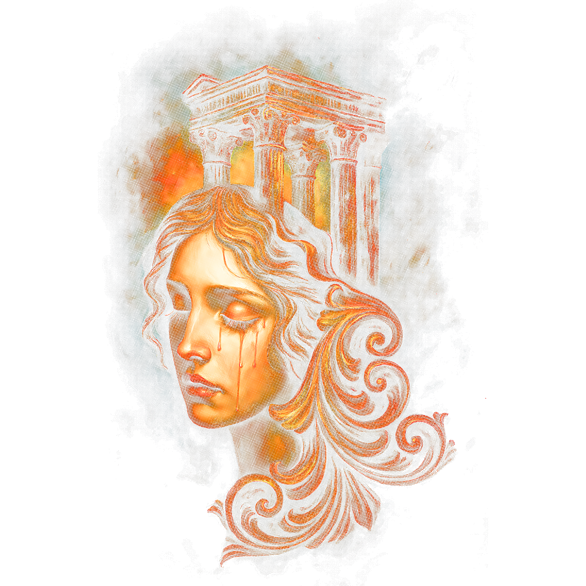 Visage féminin larme colonnes grecques antiques