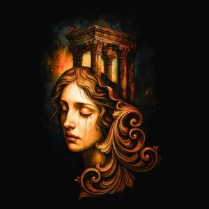 Visage féminin larme colonnes grecques antiques