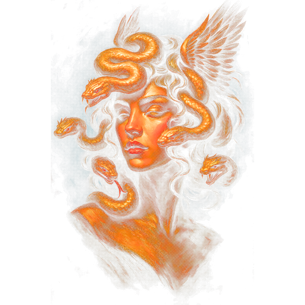 Visage femme serpent ailes mystiques orange