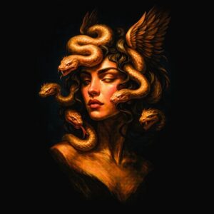 Visage femme serpent ailes mystiques orange