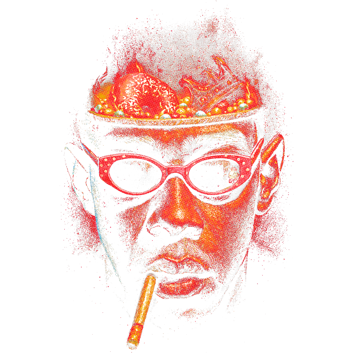 Visage homme lunettes flammes cerveau allumette