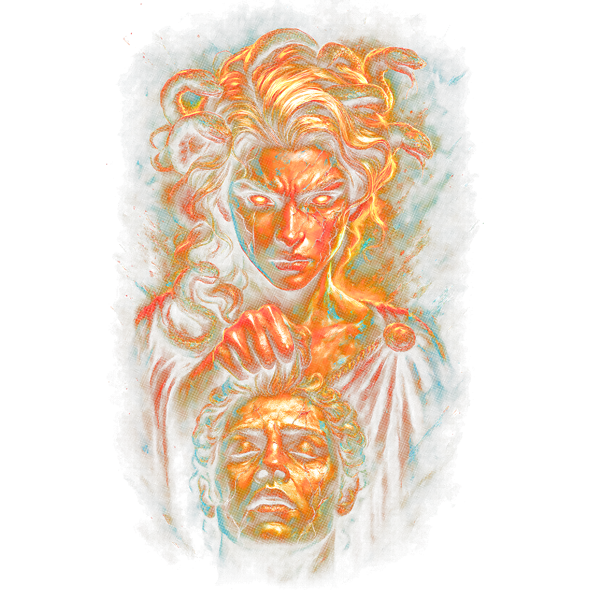 Visage lumineux tenant tête décapitée