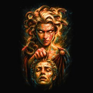 Visage lumineux tenant tête décapitée