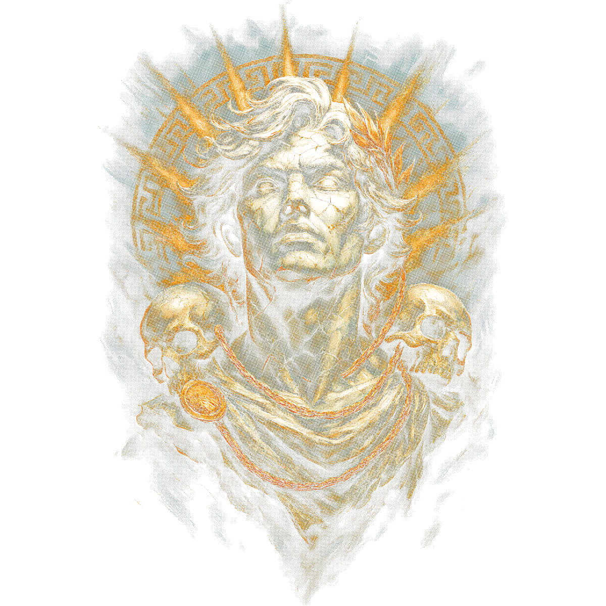 Visage statue couronne rayons crânes humains