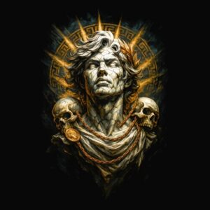 Visage statue couronne rayons crânes humains