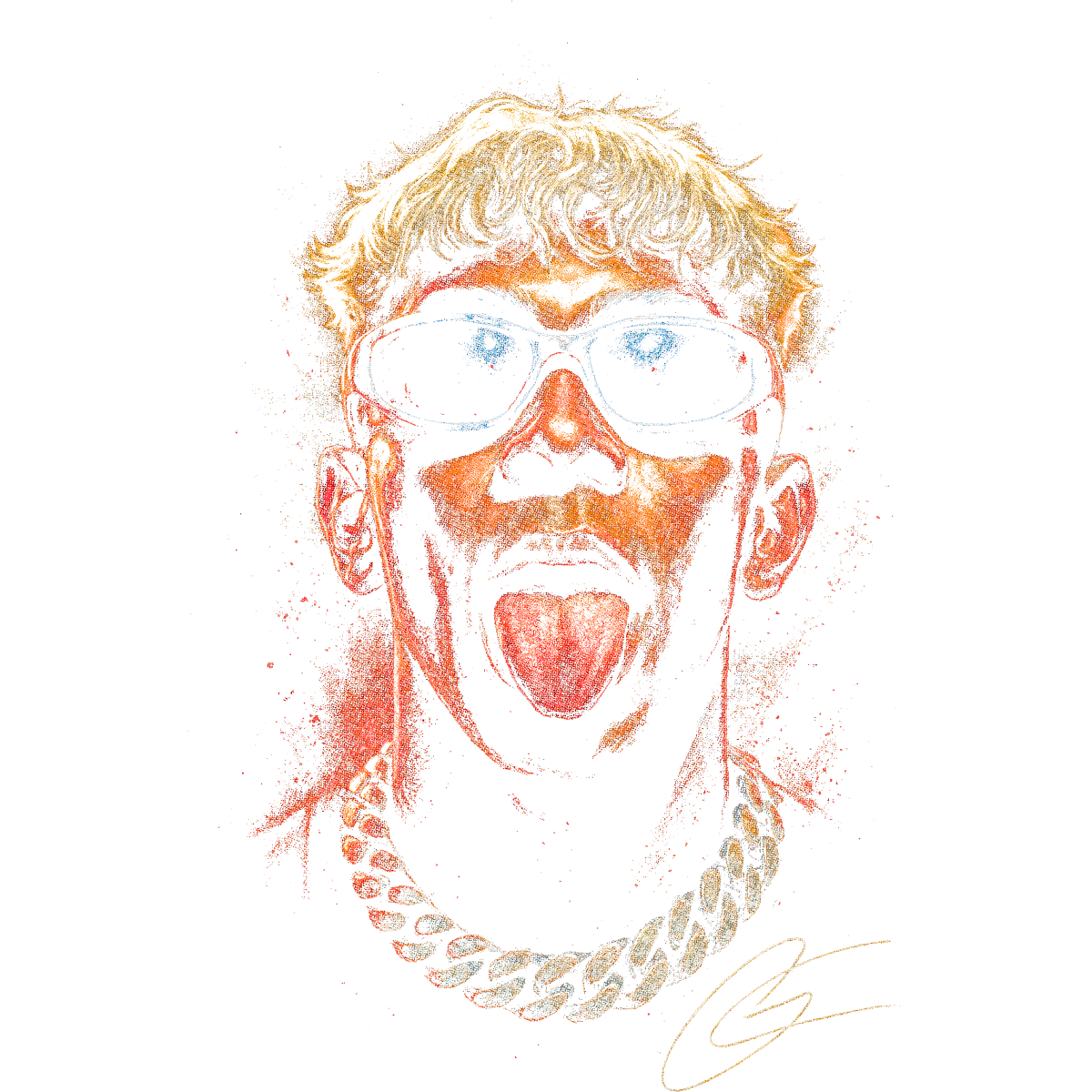 Visage stylisé bouche ouverte lunettes chaînette