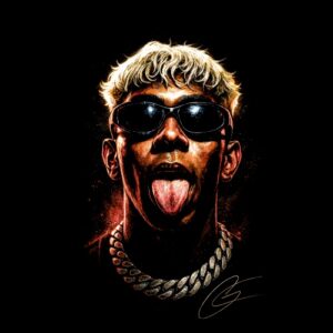 Visage stylisé bouche ouverte lunettes chaînette