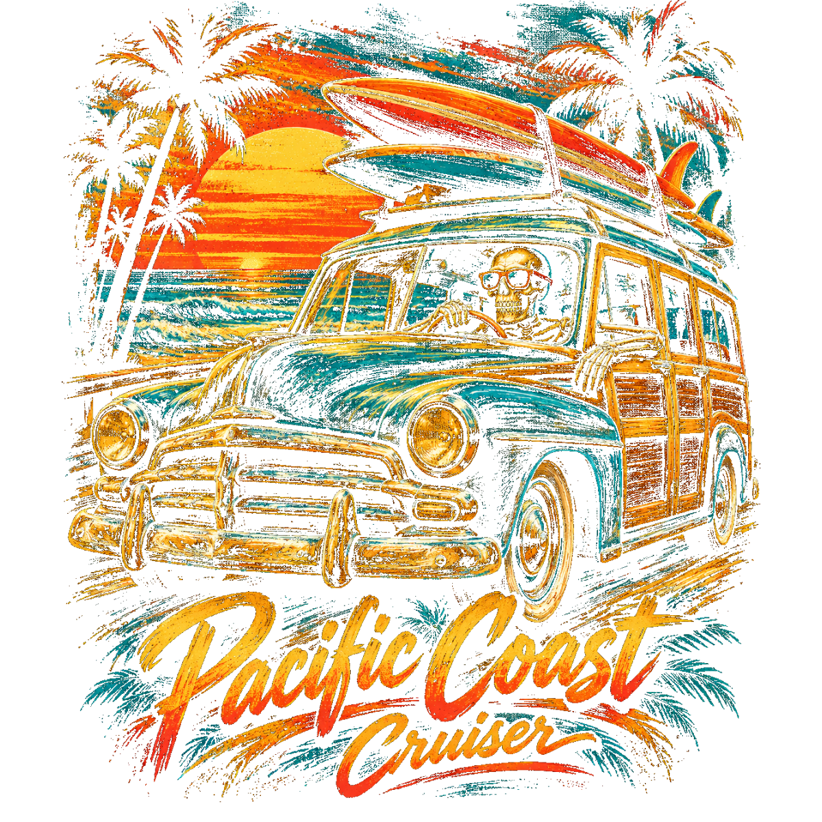 Voiture vintage surf coucher soleil plage palmier