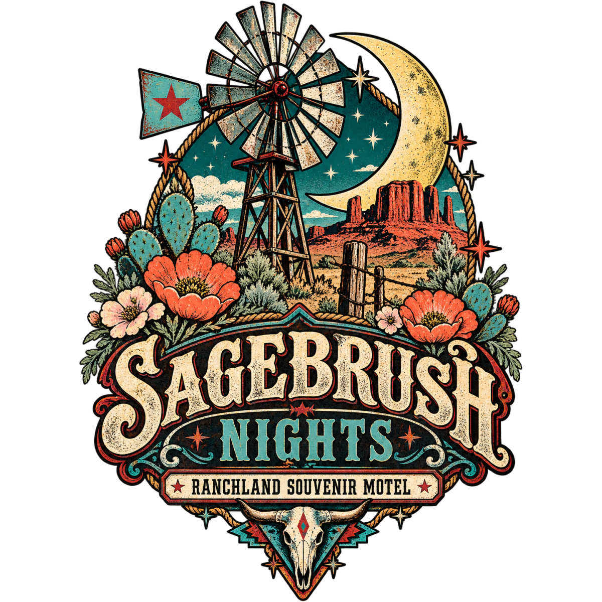 Wildwest Sagebrush Night Windmill Motel